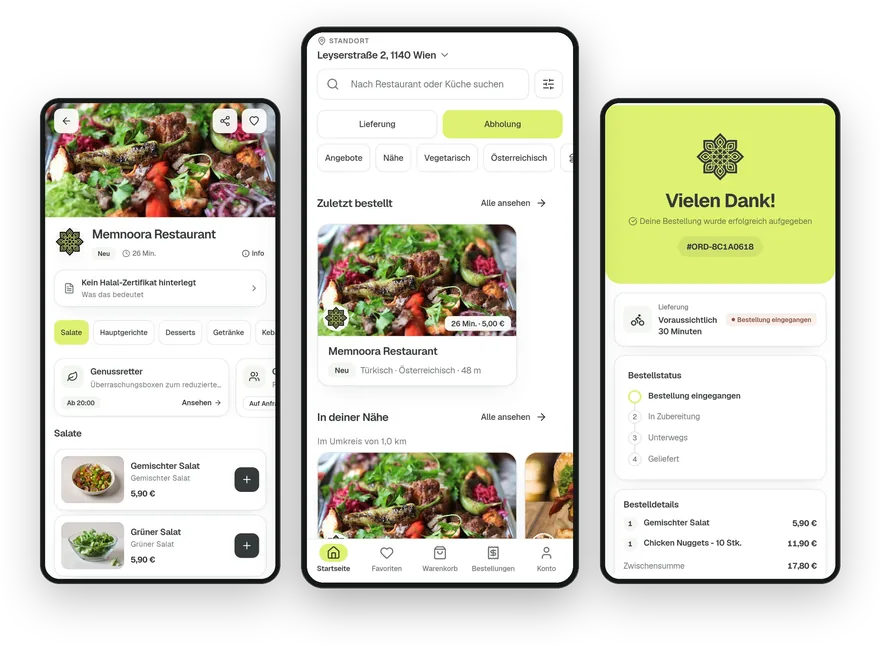 Drei Bildschirme der Memnoora-App: ein Restaurant mit Speisekarte und Hinweis zum Halal-Zertifikat, die Startseite mit Lokalen in der Nähe und die Bestätigung einer Bestellung mit ihrem Status.